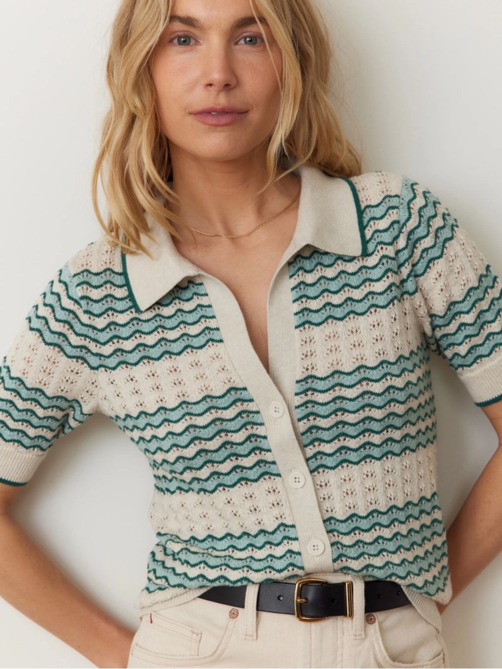 Marine Layer Piper Knit Resort Shirt; relaxed polo knit in cream/teal. Medium